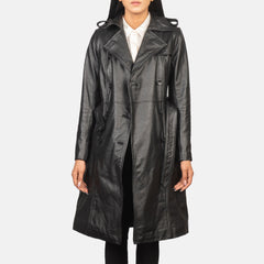 Sara Black Double Breasted Leather Women Coat