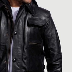 Men Hooded Black Leather Jacket