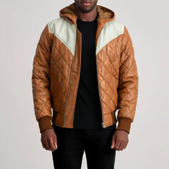 Noman Tan Hooded Bomber Leather Puffer Jacket