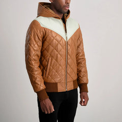 Noman Tan Hooded Bomber Leather Puffer Jacket