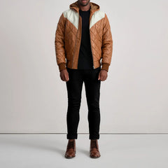Noman Tan Hooded Bomber Leather Puffer Jacket