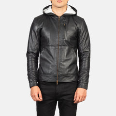 Mens Black Hooded Leather Bomber Jacket