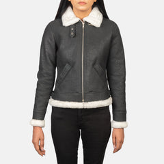 Women B3 Black & White Leather Bomber Jacket