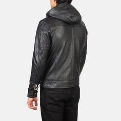Mens Black Hooded Leather Bomber Jacket