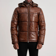 Mens Waxed Brown Hooded Leather Puffer Jacket