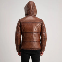 Mens Waxed Brown Hooded Leather Puffer Jacket