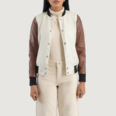 Women Savant White & Brown Hybrid Varsity Leather Jacket