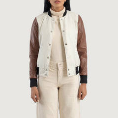 Women Savant White & Brown Hybrid Varsity Leather Jacket
