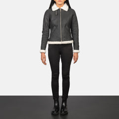 Women B3 Black & White Leather Bomber Jacket