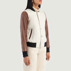 Women Savant White & Brown Hybrid Varsity Leather Jacket