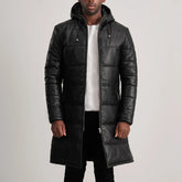 Mens Black Hooded Leather Puffer Coat