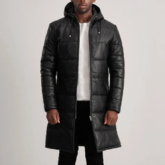 Mens Black Hooded Leather Puffer Coat