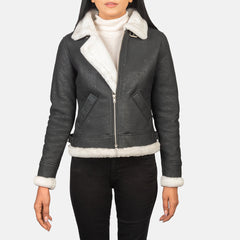 Women B3 Black & White Leather Bomber Jacket
