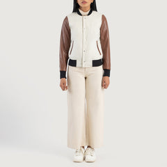 Women Savant White & Brown Hybrid Varsity Leather Jacket