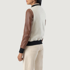 Women Savant White & Brown Hybrid Varsity Leather Jacket