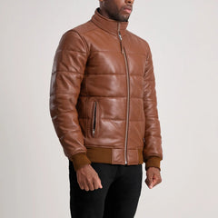 Brown Leather Puffer Bomber Jacket FOR MEN