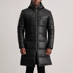 Mens Black Hooded Leather Puffer Coat