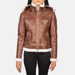 Women Brown Hooded Shearling stylish Leather Jacket