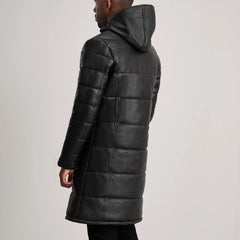 Mens Black Hooded Leather Puffer Coat