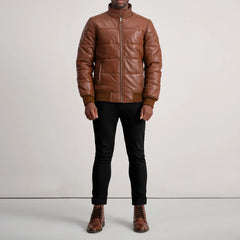 Brown Leather Puffer Bomber Jacket FOR MEN