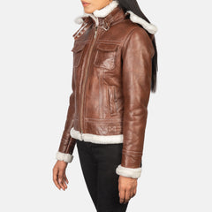 Women Brown Hooded Shearling stylish Leather Jacket