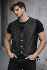 High Quality Rugged Look Sleeveless Motorcycle Leather Vest in Distressed Black