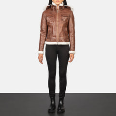 Women Brown Hooded Shearling stylish Leather Jacket