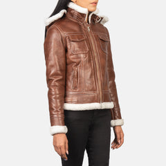 Women Brown Hooded Shearling stylish Leather Jacket