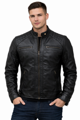 Alligator Motorcycle Black Real Leather Jacket with Quilted Shoulders