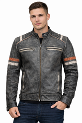 Cafe Racer Retro Distressed Grey Motorcycle Real Leather Jacket for Men