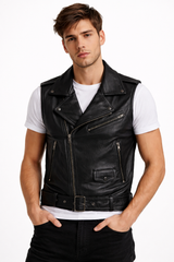 Motorcycle Tan Brown Quilted Genuine Cowhide Leather Vest for Men's