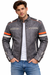 Motorcycle Distressed Grey Retro Biker Real Leather Jacket