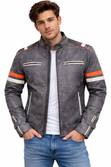 Motorcycle Distressed Grey Retro Biker Real Leather Jacket