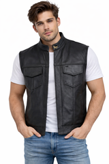 Men's Black Motorcycle Son of Anarchy Cowhide Sleeveless Leather Vest