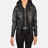 Rosy Black Hooded Leather Bomber Jacket