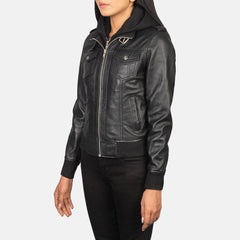Rosy Black Hooded Leather Bomber Jacket