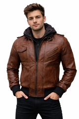 Casual Brown Bomber Leather Jacket with Removable Hood for Men
