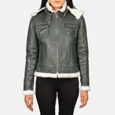 Shearling Green Hooded Leather women Jacket