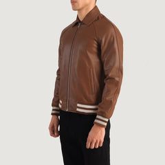 Brown Leather Varsity Jacket for men