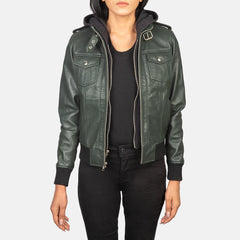 Rosy Green Hooded Leather Bomber Jacket