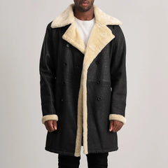 James Tumbled Black Leather Shearling Double-Breasted Coat for men