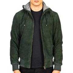 Mens Green Leather Hooded Jacket