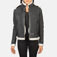Saira Black Hooded Shearling Leather Women Jacket