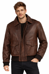 RAF Aviator WWII Military Style A2 Waxed Brown Genuine Lambskin Leather Bomber Jacket for Men in Brown Colour