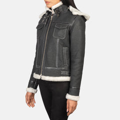 Saira Black Hooded Shearling Leather Women Jacket