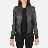 Women Green Leather Bomber Jacket