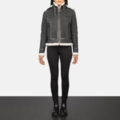 Saira Black Hooded Shearling Leather Women Jacket