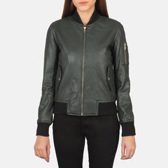 Women Green Leather Bomber Jacket