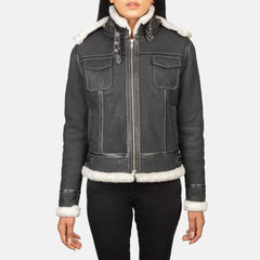 Saira Black Hooded Shearling Leather Women Jacket