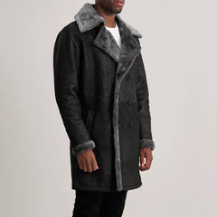 Harry Distressed Black Leather Shearling Double-Breasted Coat